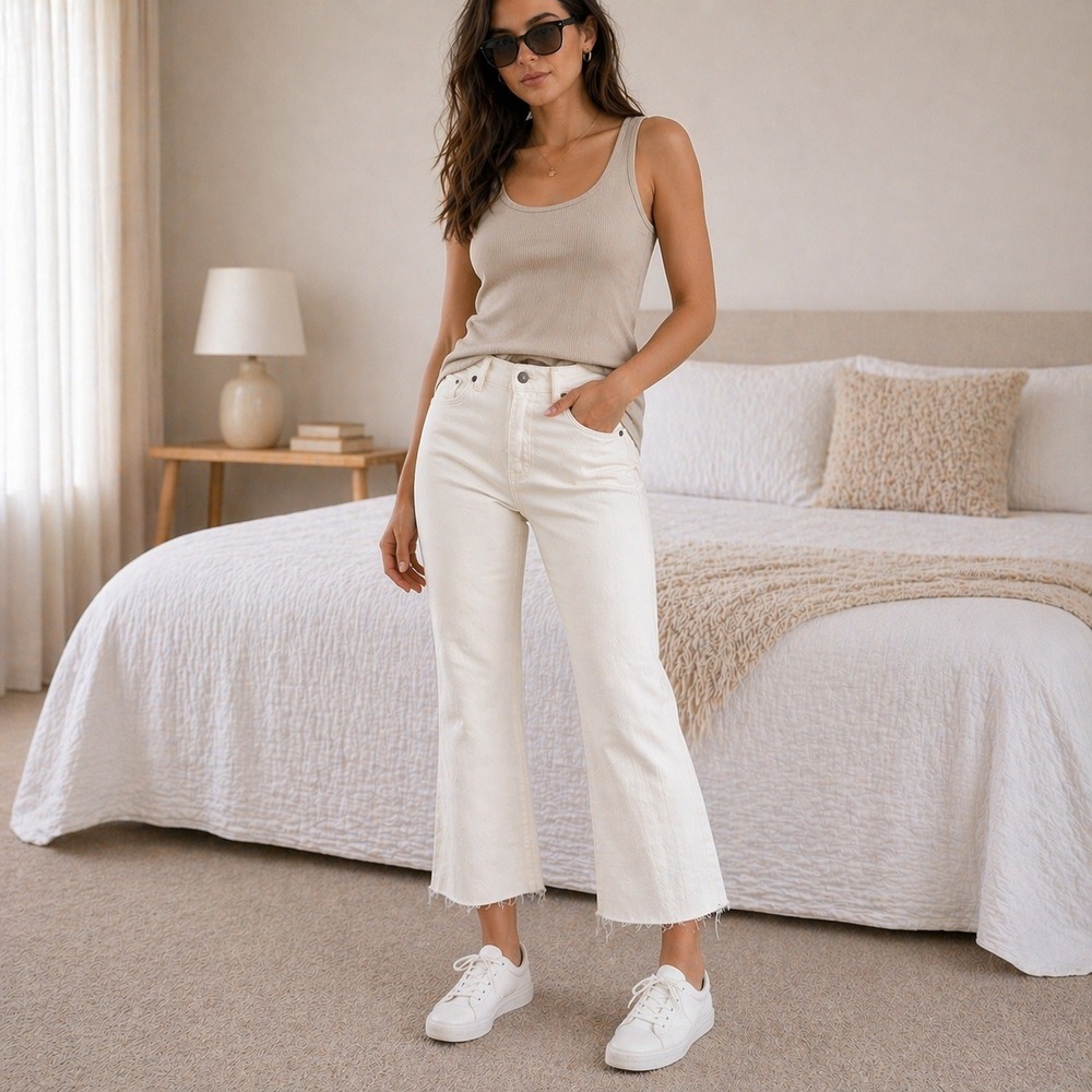Oat New York Mid Rise Cropped Mini Flare Jeans 2/26 White New Raw Hem
